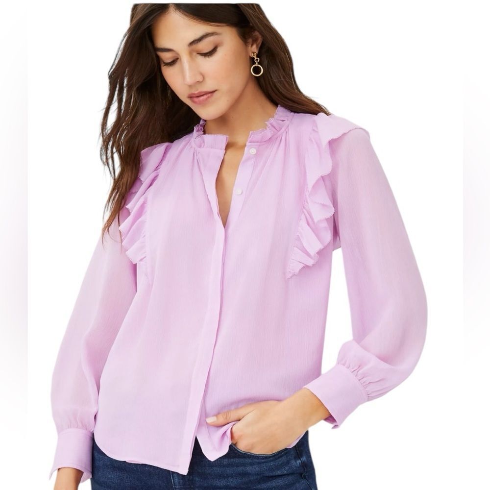 Ann Taylor Ruffle Button Blouse Orchid Feminine Romantic Bloom Sz LT Large TALL
